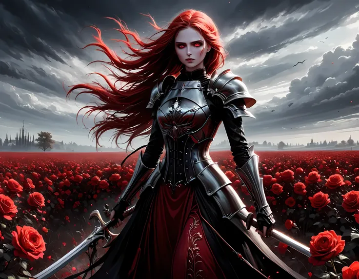 dark fantasy art, a female skeletal grim reaper in a field of white roses, the reaper has (skeletal head: 1.3) , long (red: 1.2)...