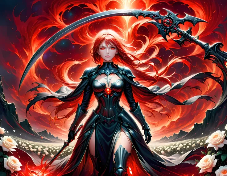 dark fantasy art, a female skeletal grim reaper in a field of white roses, the reaper has (skeletal head: 1.3) , long (red: 1.2) hair , red glowing eyes, she wears black robes, and black armor dress, ArmoredDress, flowing robes, she holds a scythe, in her ...