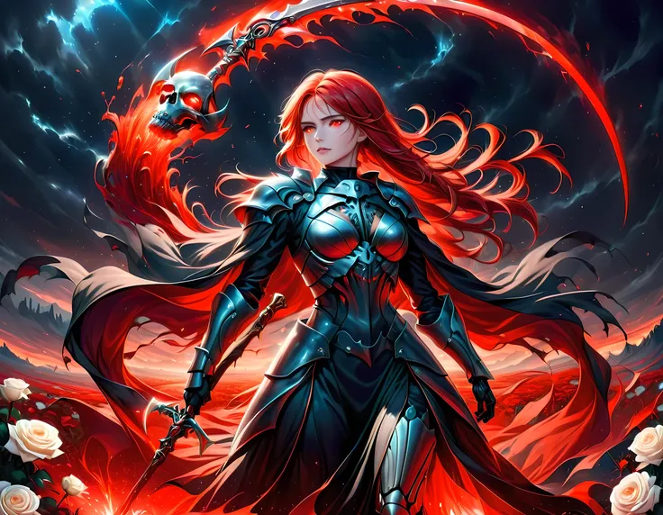 dark fantasy art, a female skeletal grim reaper in a field of white roses, the reaper has (skeletal head: 1.3) , long (red: 1.2) hair , red glowing eyes, she wears black robes, and black armor dress, ArmoredDress, flowing robes, she holds a scythe, in her ...