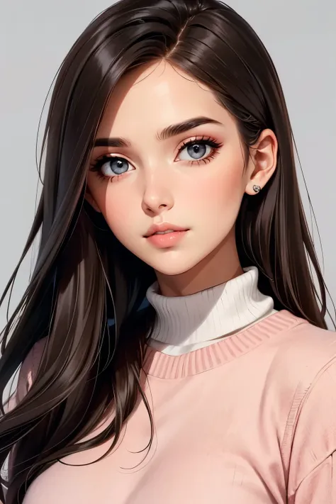 girl, long straight brown hair, dark gray eyes, soft sharp features, white skin, pink lips, beautiful, sweater