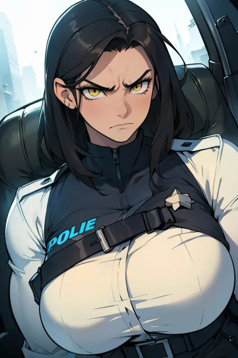 huge breasts huge breasts huge breasts muscular muscular muscular thick thick thick black hair yellow eyes pale skin female sad frown police police