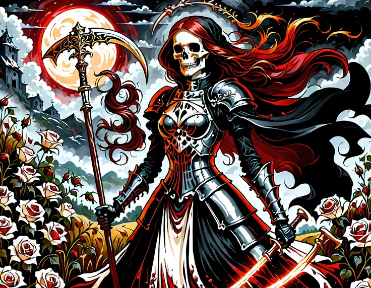 dark fantasy art, a female skeletal grim reaper in a field of white roses, the reaper has (skeletal head: 1.3) , long (red: 1.2)...