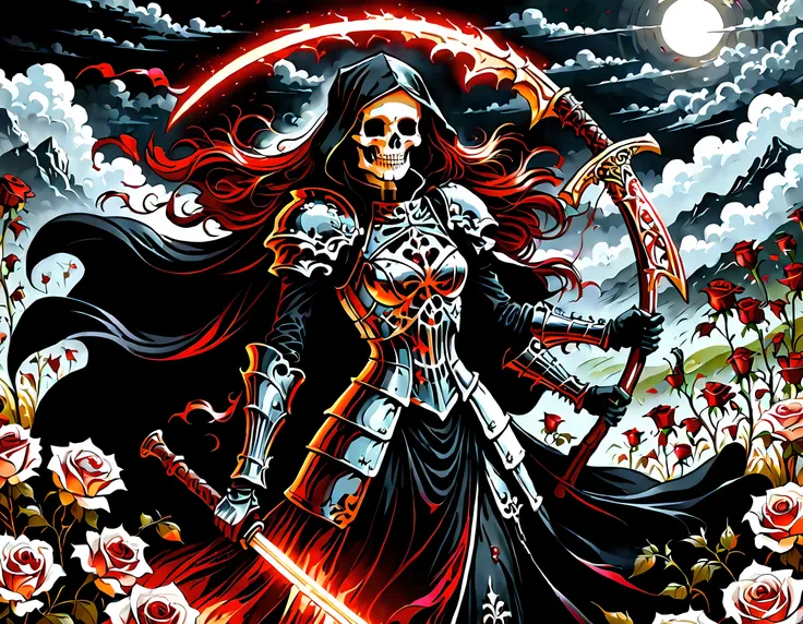 dark fantasy art, a female skeletal grim reaper in a field of white roses, the reaper has (skeletal head: 1.3) , long (red: 1.2)...