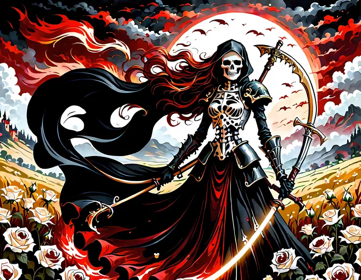 dark fantasy art, a female skeletal grim reaper in a field of white roses, the reaper has (skeletal head: 1.3) , long (red: 1.2) hair , red glowing eyes, she wears black robes, and black armor dress, ArmoredDress, flowing robes, she holds a scythe, in her ...