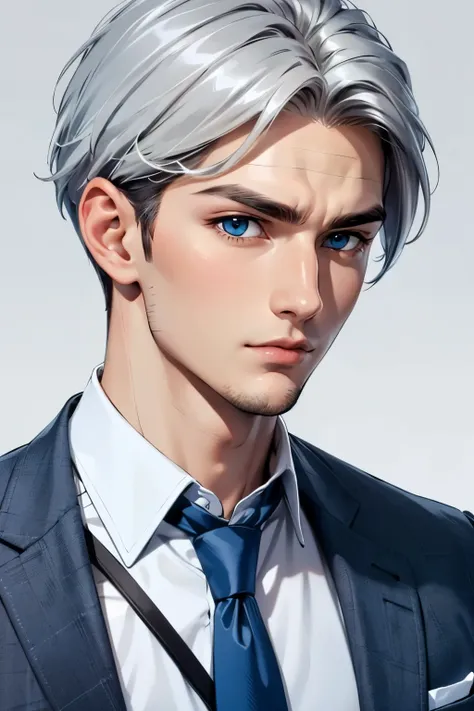 boy, silver hair, blue eyes, serious sharp features, white skin, handsome, shirt, coat