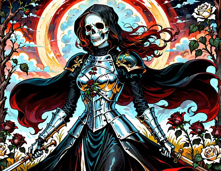 dark fantasy art, a female skeletal grim reaper in a field of white roses, the reaper has (skeletal head: 1.3) , long (red: 1.2)...