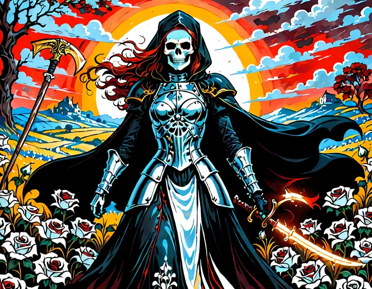 dark fantasy art, a female skeletal grim reaper in a field of white roses, the reaper has (skeletal head: 1.3) , long (red: 1.2)...