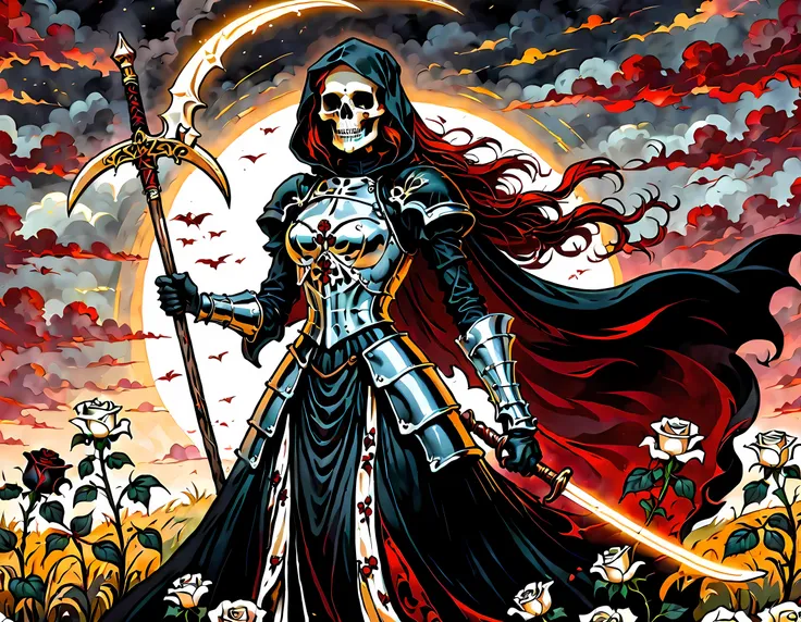 dark fantasy art, a female skeletal grim reaper in a field of white roses, the reaper has (skeletal head: 1.3) , long (red: 1.2)...