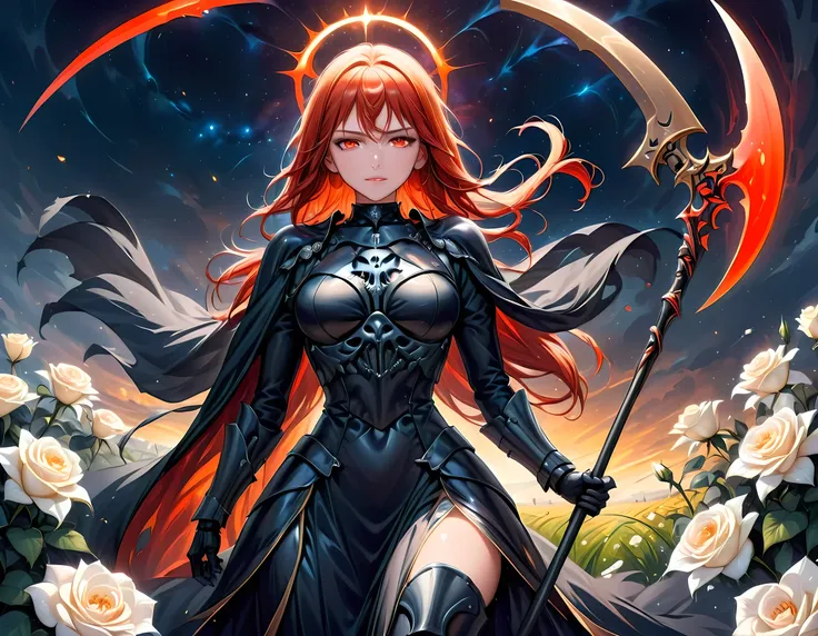 dark fantasy art, a female skeletal grim reaper in a field of white roses, the reaper has (skeletal head: 1.3) , long (red: 1.2) hair , red glowing eyes, she wears black robes, and black armor dress, ArmoredDress, flowing robes, she holds a scythe, in her ...