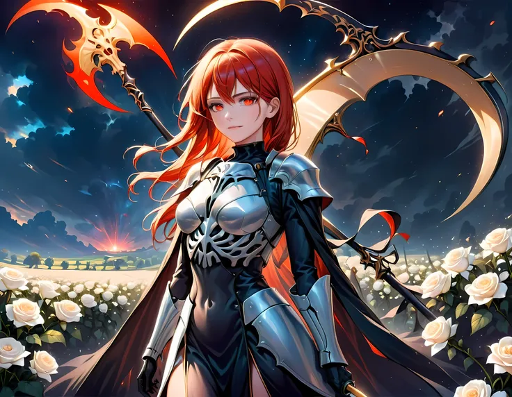 dark fantasy art, a female skeletal grim reaper in a field of white roses, the reaper has (skeletal head: 1.3) , long (red: 1.2) hair , red glowing eyes, she wears black robes, and black armor dress, ArmoredDress, flowing robes, she holds a scythe, in her ...