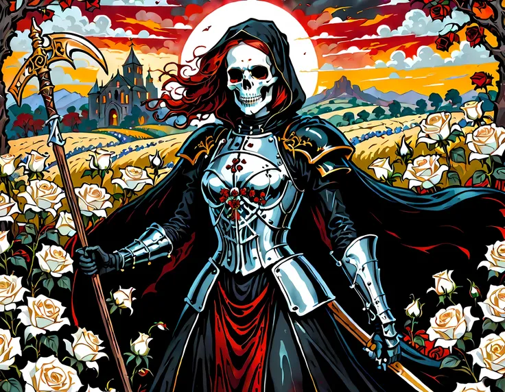 dark fantasy art, a female skeletal grim reaper in a field of white roses, the reaper has (skeletal head: 1.3) , long (red: 1.2)...