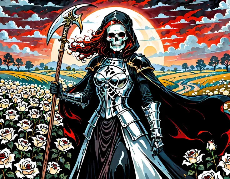 dark fantasy art, a female skeletal grim reaper in a field of white roses, the reaper has (skeletal head: 1.3) , long (red: 1.2)...