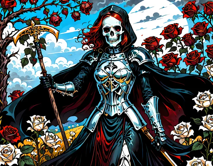 dark fantasy art, a female skeletal grim reaper in a field of white roses, the reaper has (skeletal head: 1.3) , long (red: 1.2)...