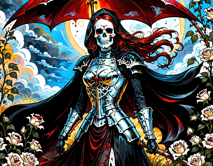 dark fantasy art, a female skeletal grim reaper in a field of white roses, the reaper has (skeletal head: 1.3) , long (red: 1.2)...