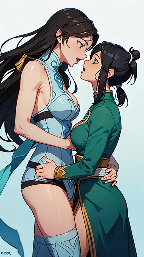 Korra and a female Airbender kissing with tongue