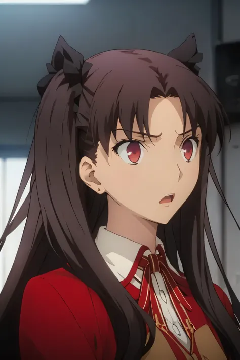 rin tohsaka, traje rojo, expresion facial de asombro, mouth open in astonishment, eyes looking up at her out of the picture plane