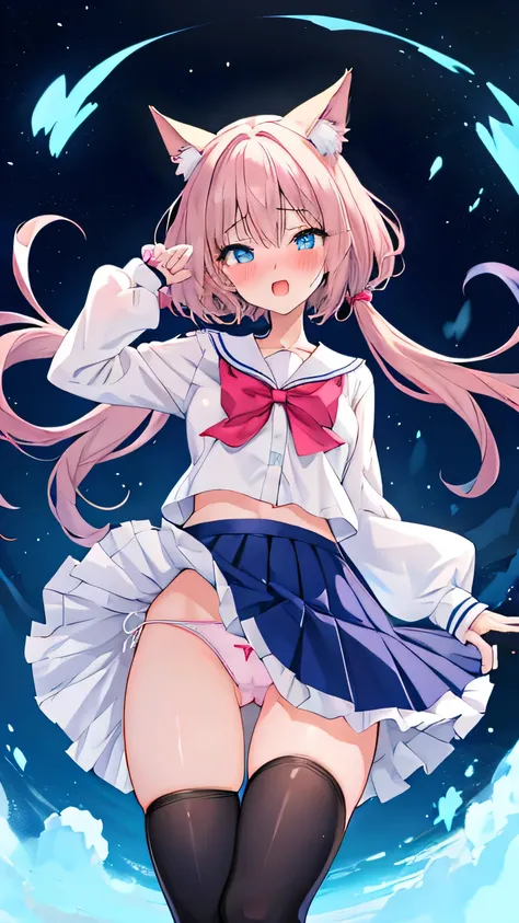 Anime girl, , , unusual skirt and hair, unusual eyes, white small and transparent panties, bottom view, View under the skirt, panties under the skirt, You can see a small vagina through your panties, shy, blushes, gets an orgasm, all her panties were wet, ...