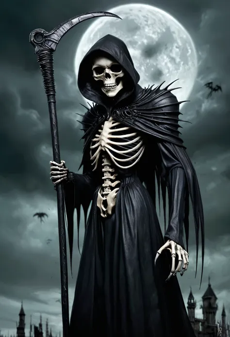 create an image of a black grim reaper with a scythe in a medium style, drawing inspiration from dark, gothic art with elements ...