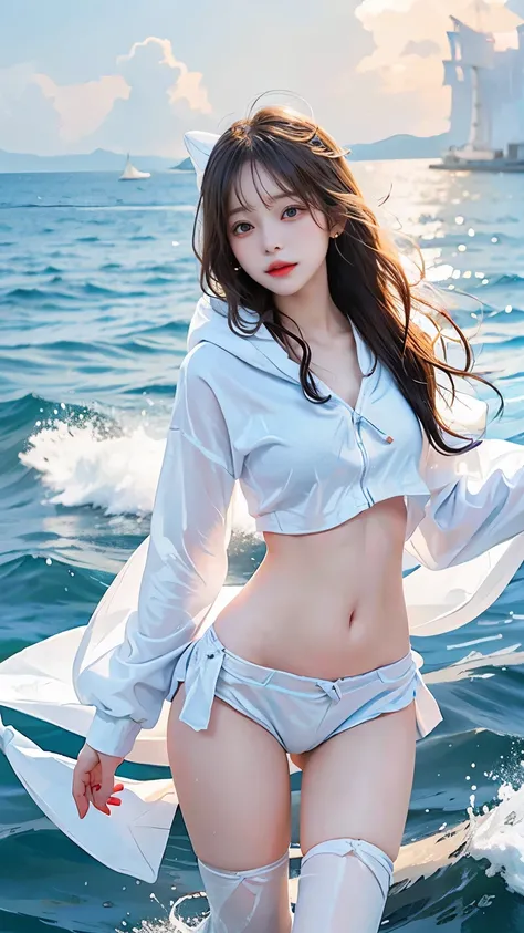 In the clear blue sea、Wearing a white hoodie fluttering in the wind、A woman wearing shorts、standing on the waves。Her hair is long、Shine white、Swaying in the waves。belly button。