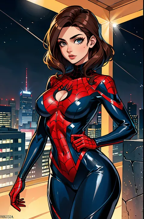 (obra maestra),(mejor calidad:1.0), (Ultra high resolution:1.0), detailed illustration, 8K, chica blanca (with brown hair) (pelo rizado suelto) (pelo gratis) vistiendo un traje negro y azul de spiderman, A spider symbol on the chest of his suit., chaqueta ...