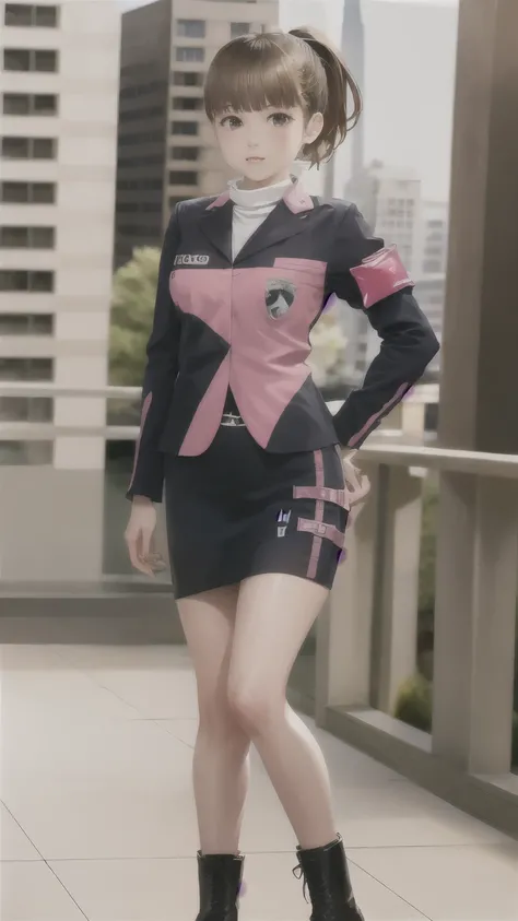 ((masterpiece,highest quality)) (Highly detailed CG), (Ray Tracing) (highest quality), Perfect Face, Big 、Shiny skin, Shiny skin, , Depth of written boundary,Wide Hips, Tight waist, Umeko, Brown Hair, skirt, ponytail, Jacket, boots, pencil skirt, uniform,...