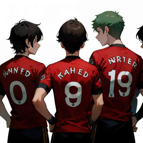 Four football players wearing red shirts at Manchester United&#39;s stadium 