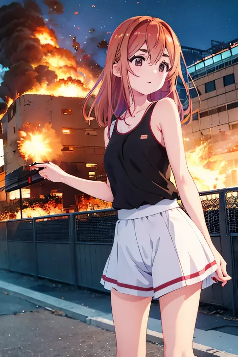 sumi sakurasawa、holding hundgun、at night、fence、1 girl、sexy shorts、black tank top、military base exploding in flames、the building ...