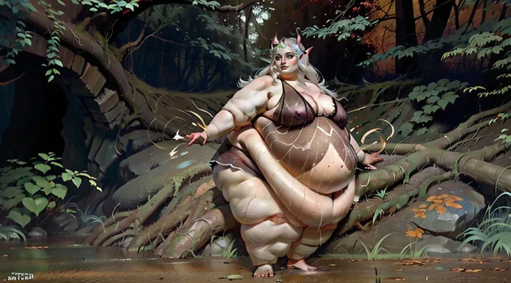 RULE_OF_THIRDS, beautiful Frank Frazetta painting of a SSBBW supermodel elven goddess in lingerie, thicc, she has a jiggly fat colossal belly, small navel, oppai proportions, wet sexy skin, long flowing hair, long elf ears, dynamic lighting, wallpaper, hea...