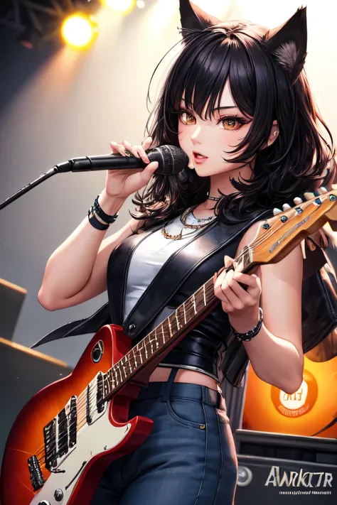 high-quality digital art, Rock concert, girl with black wolf ears, black-amber hair color, healthy slim and fit body, Brown eyes, eyelashes, Dark rocker clothes, rock guitar