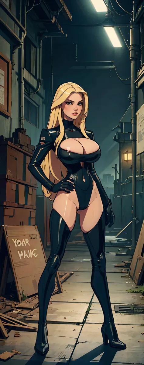 Masterpiece, best quality, Masterpiece, best quality, 1 woman, long blonde hair , Black leather motorcycle suit , big breasts , abdomen , Long legs , Put your hands on your hips. , boots , full body , abandoned factory , at night