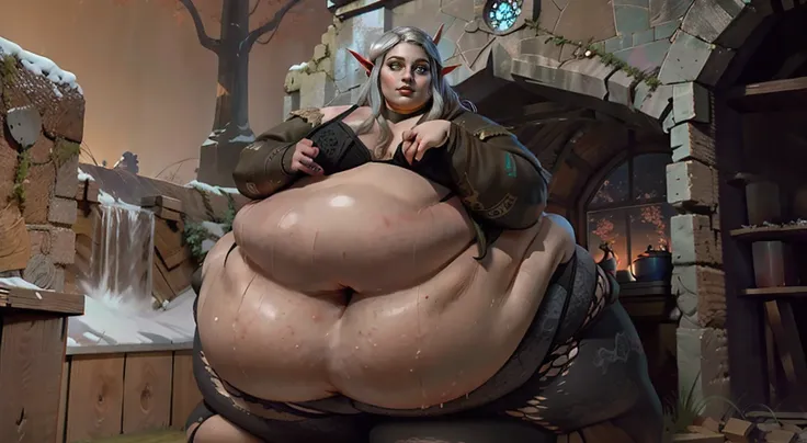 RULE_OF_THIRDS, beautiful Frank Frazetta painting of a SSBBW supermodel elven goddess in lingerie, thicc, she has a jiggly fat colossal belly, small navel, oppai proportions, wet sexy skin, long flowing hair, long night elf ears, dynamic lighting, wallpape...