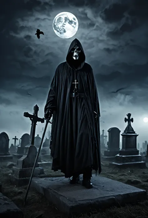 (best quality,4k,8k,highres,masterpiece:1.2),ultra-detailed,(realistic,photorealistic,photo-realistic:1.37),Dark,Gothic,Black Grim Reaper,scythe,full moon,graveyard,castle,ominous atmosphere,dark clouds,eerie mist,gloomy shadows,dramatic lighting,haunting ...