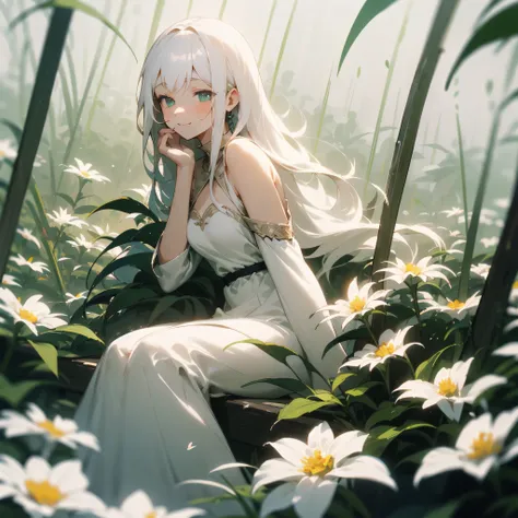 (best quality:1.2),1girl with long white hair, sitting in a field of green plants and flowers, her hand under her chin, foggy atmosphere, warm lighting, white dress, blurry foreground, peaceful ambiance, delicate facial features, subtle smile, whimsical el...