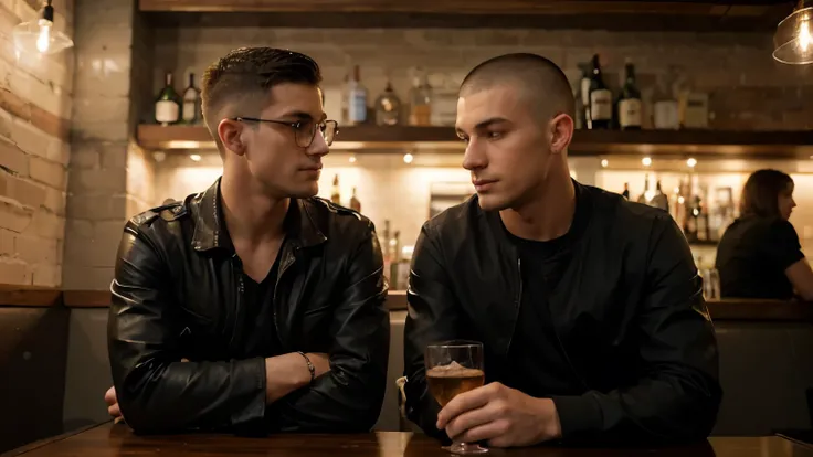 A 25-year-old man sits at a bar across from his long-time friend. His hair is cut short in a military-style buzz cut, giving him a clean and disciplined look. He wears a black jacket, casually unbuttoned to reveal a black shirt underneath with the top two ...