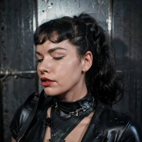 a girl Mad Max inspirado, heavy metal artwork , 45 years old, Bettie Page, ponytail, black hair, eyes closed, mouth open, completly dressed in a steampunk dress, black skirt, red lipstick, ((detailed black leather gloves)), together with her lover secret f...