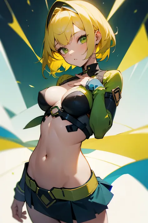 Girl, short yellow hair, green eyes, blue ring on her head, round breasts, exposed stomach, short skirt