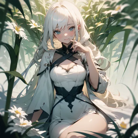 (best quality:1.2), 1girl with long white hair sitting in a field of green plants and flowers, her hand under her chin, exposing her slightly exposed breasts, in a foggy atmosphere with warm lighting. She is wearing a white dress and there is a blurry fore...