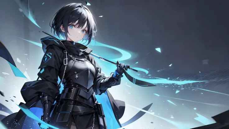 color scheme blue, simplistic, modern, y2k, anime idol with short black hair, knight girl, techwear, angelical background