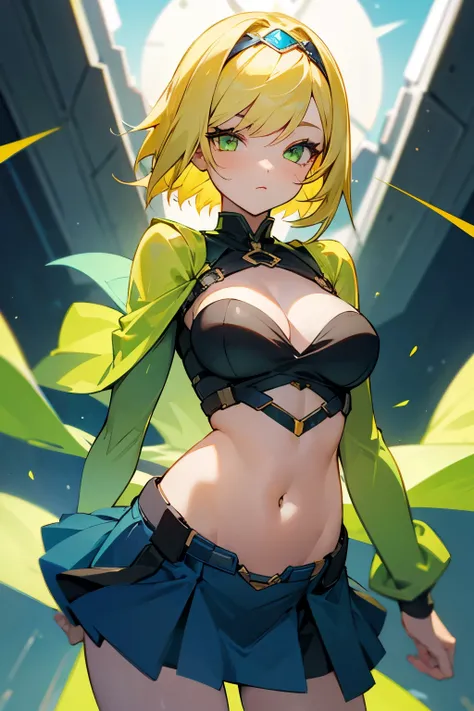 Girl, short yellow hair, green eyes, blue ring on her head, round breasts, exposed stomach, short skirt