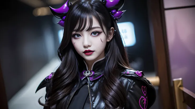 best quality、ultra-detailed、4k、Japanese、Seductive beauty、seductive adult woman、Pretty Woman、cool girl、Villainess、Brainwashed、brainwash、Fallen into evil、smirk、Evil look、Wicked Smile、evil、Brown hair、wavy hair、swept bangs、dark makeup、dark makeup、piercing eyes...