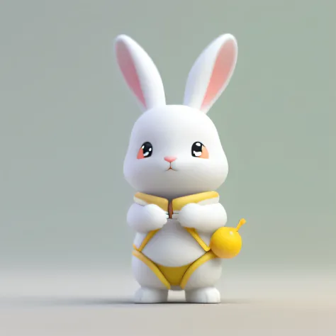 1 lindo conejito blanco、(textura suave)、(No te sientas peludo)、Estar rojo en la cara、cuerpo completoesbiano、yellow backdrop、fondo simple、no humano,Un juguete de caja ciega,3Drenderingof、C4D、hyper high definition、4k
