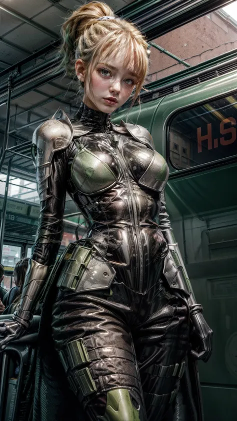 (1girl,dark green hair long hair folded ponytail, orange eyes, serious) (digital) (in detailed train station, (bodysuit, armor))...