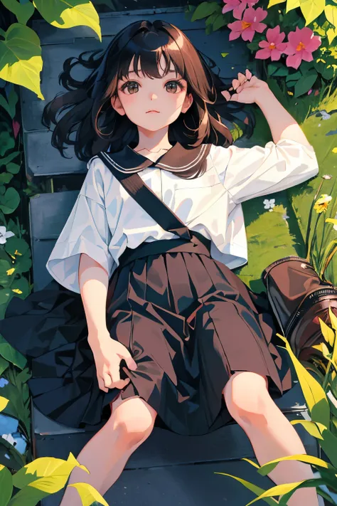 (child)，highest quality，Beautiful face in every detail，cute，Dark brown eyes，(背の低いcute女の子，Small young student，Young delicate girl）,（masterpiece，Top quality)，Black Hair，Sleepy expression，Short sleeve white shirt，Colorful checked skirt，garden