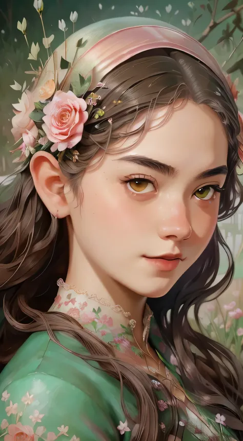 There is a digital painting，A girl with flowers in her hair, Deviantart ArtStation CGSCOSIETY, digital fantasy art ), Fantasy art Behance, hyperrealistic fantasy art, Beautiful digital artwork, Elf Girl, Realistic fantasy illustration, detailed fantasy dig...