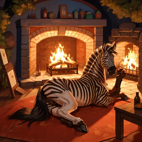 feral zebra, horse pussy, stockings, skirt,  in the cave, fireplace