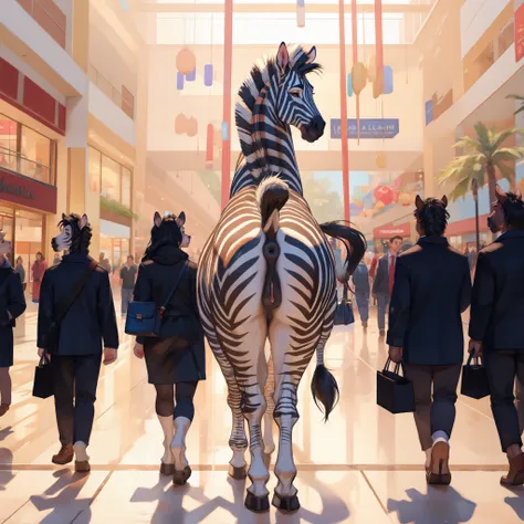 feral zebra , female, horse pussy, anus, butt, walking , mall, people on the background