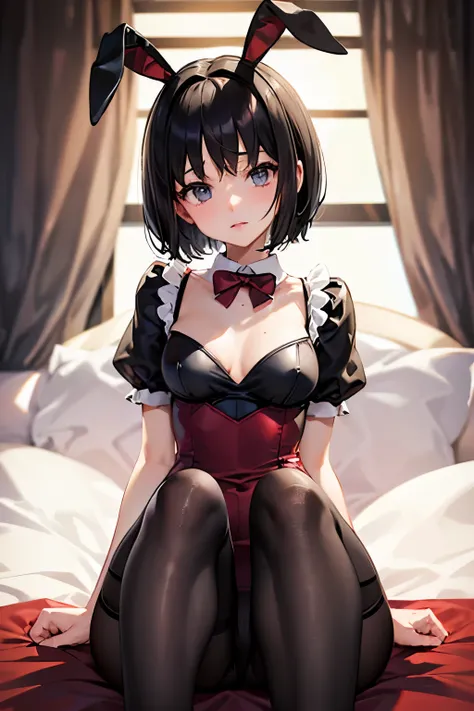 Erica、Pokémon、Black Hair、Short Hair、((pantyhose))、Photo from below、Medium chest、Bedroom、One girl、Bunny Ears、Red ribbon on head、((Bunny girl))、(leotard)、(Poop sitting)