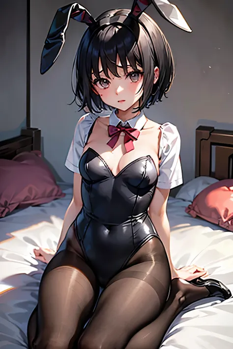 Erica、Pokémon、Black Hair、Short Hair、((pantyhose))、Photo from below、Medium chest、Bedroom、One girl、Bunny Ears、Red ribbon on head、((Bunny girl))、(leotard)、(Poop sitting)