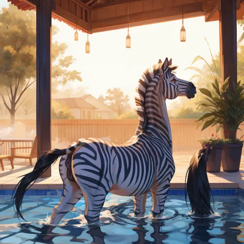 feral zebra , female, horse pussy, butt, swimming pool,  people on the background , morning, fog