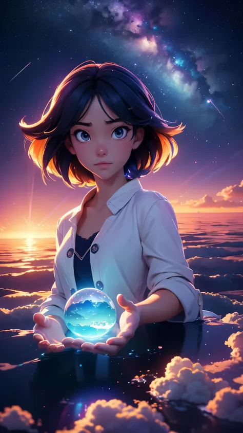 1 girl, eye, close up, beautiful night sky, meteor shower, beyond the clouds, water surrounded, reflections, wide angels, breathtaking clouds, wide angle, by makoto shinkai, thomas kinkade, james gilleard, by holosomnialandscape, hdr, volumetric lighting, ...